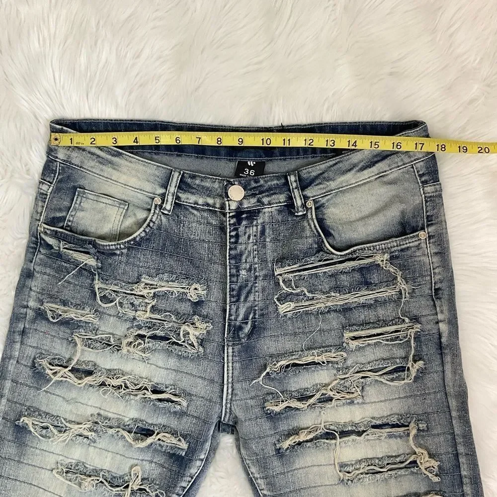 WAIMEA Skinny Fit Ripped Distressed Light Wash Streetwear Jeans 36X32